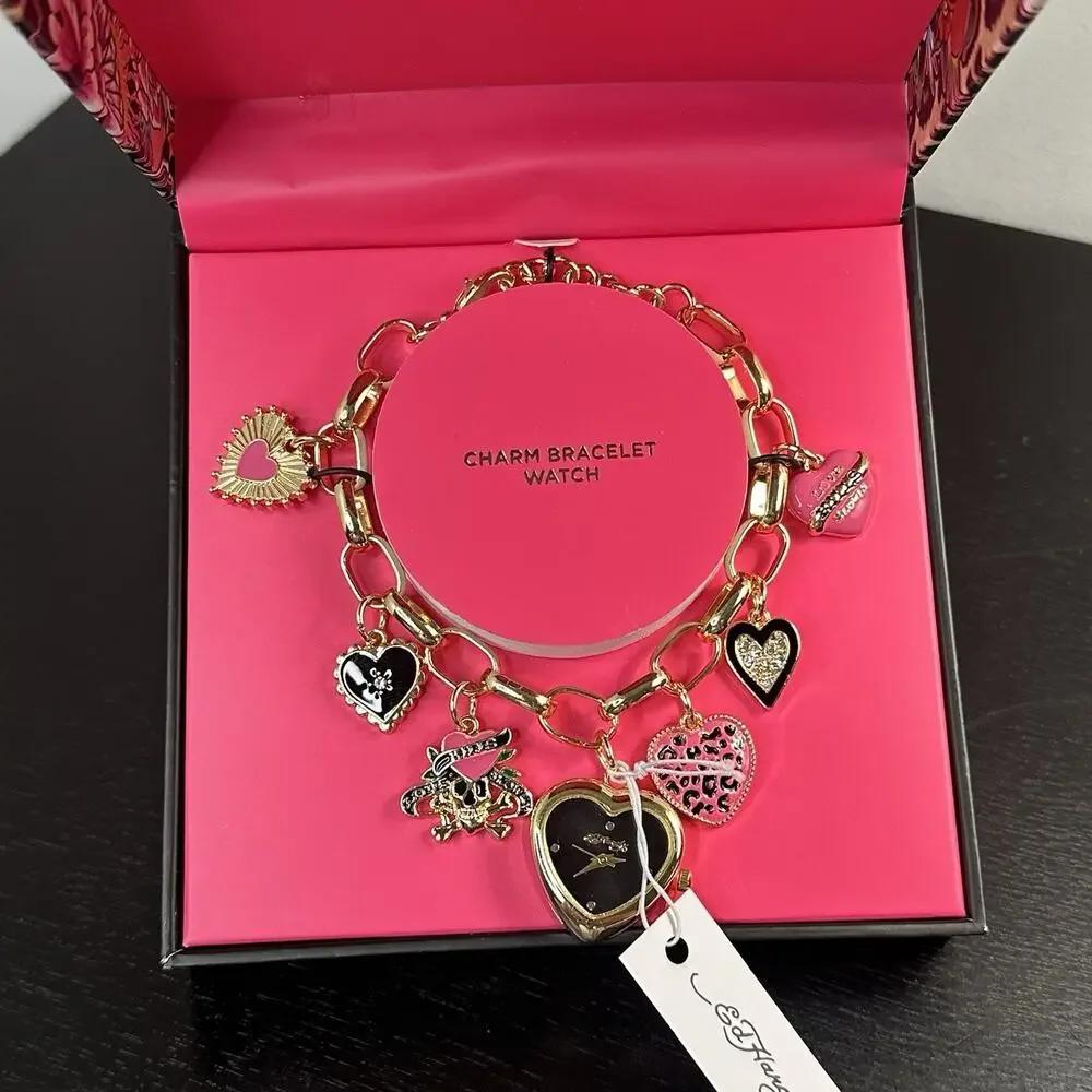 Ed Hardy NIB Gold Heart Charm Watch Bracelet Jewelry Y2K 2000s Style